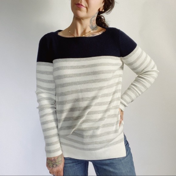 LOFT Striped Color Block Boatneck Sweater Medium - Picture 1 of 8
